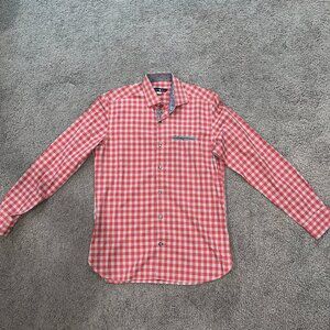 Stone Rose Men's Size 2 (Small) Fitted Shirt - Red Grey Plaid- 100% Cotton - EUC